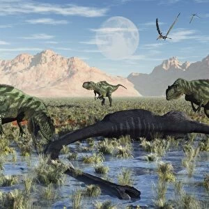 A pack of carnivorous Yangchuanosarurs make a meal of a dead Omeisaurus