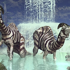 A pair of Parasaurolophus feed on flora near a waterfall