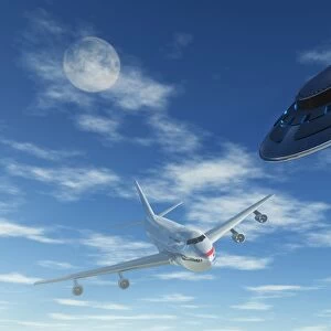 A pair of silver metallic disc shaped UFOs buzzing a Boeing 747 commerical airliner