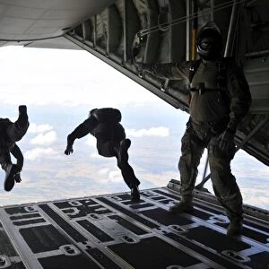 Paratroopers with the Spanish military jump from a C-130J Super Hercules