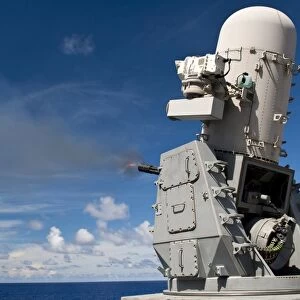 A Phalanx close-in weapons system is fired aboard USS Cowpens