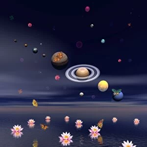 Planets of the solar system surrounded by lotus flowers and butterflies