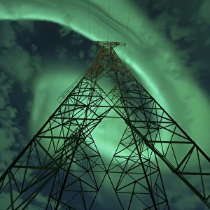 Powerlines and aurora borealis, Tjeldsundet, Norway