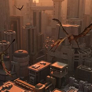 Quetzalcoatlus and Eudimorphodon pterosaurs fly through the sky above a futuristic city