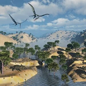 Quetzalcoatlus pterosaurs flying over a Cretaceous landscape