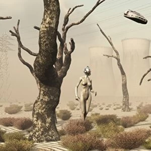 Robots walking about a landscape destroyed by pollution