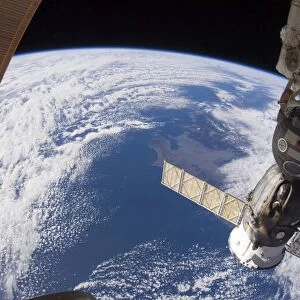 A Russian Soyuz spacecraft docked to the International Space Station