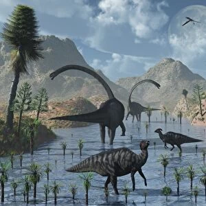 Sauropod and duckbill dinosaurs feed peacefully together