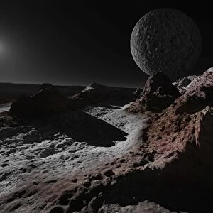 A scene on Pluto with Charon, its giant moon