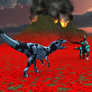 Sci-fi scene of a pair of Allosaurus dinobots tracking down a lone Steogsuaurs