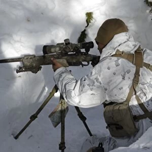 A scout sniper prepares his shot on target using a sniper rifle