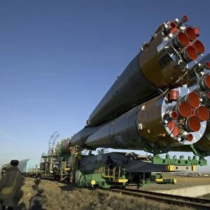The Soyuz rocket is rolled out to the launch pad at the Baikonur Cosmodrome in Kazakhstan
