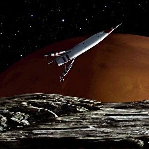 A spaceship in orbit over Mars moon, Phobos, with the red planet Mars in the background