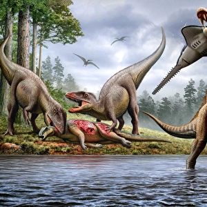 Spinosaurus hunting an Onchopristis with a pair of Carcharodontosaurus in background