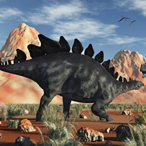 A Stegosaurus defending itself from an attacking Allosaurus