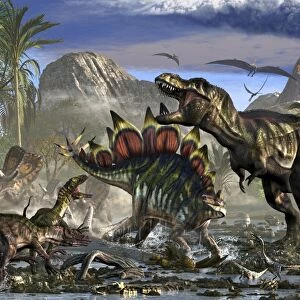 Stegosaurus defending himself from T-Rex and some Utahraptors