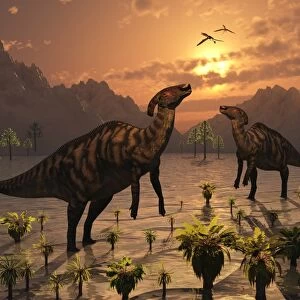 A T. Rex creeps up on a pair of Parasaurolophus duckbill dinosaurs