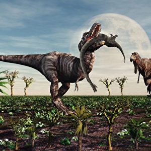 Tyrannosaurus Rex with a freshly killed young sauropod dinosaur
