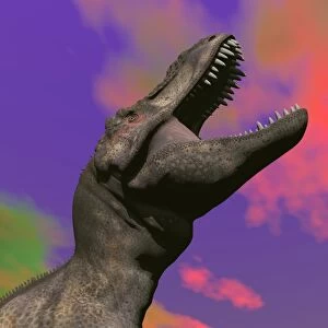 Tyrannosaurus Rex roaring against a colorful sky