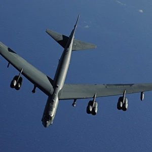 A U. S. Air Force B-52 Stratofortress flies a mission over the Pacific Ocean