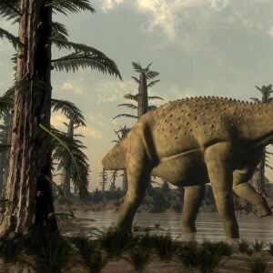 Uberabatitan dinosaur walking in a prehistoric lake