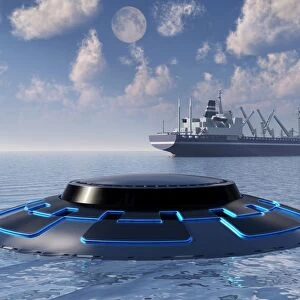 A UFO surfacing from underwater and following a modern day freighter