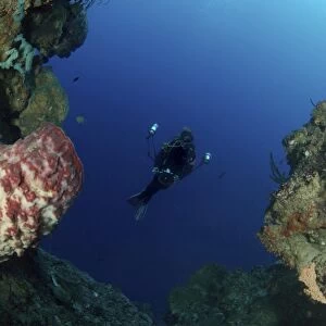Underwater photographer at the entrance of a cave, North Sulawesi