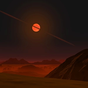 A view across a hypothetical primitive alien planet towards a brown dwarf in the sky