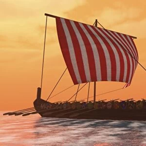 A Viking longboat sails through calm ocean waters