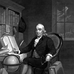 Vintage American History print of Benjamin Franklin doing research in his study