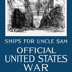 Vintage World War I propaganda poster featuring a navy shipyard