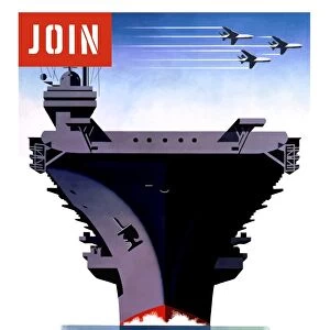 Vintage World War II poster of an aircraft carrier with three planes flying overhead
