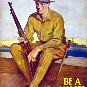 Vintage World War One poster of a U. S. Marine sitting near the harbor