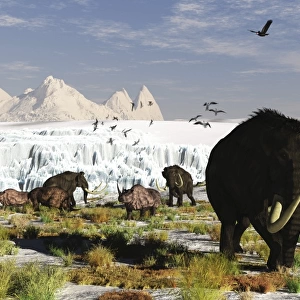 Woolly mammoths and woolly rhinos in a prehistoric landscape