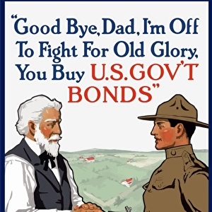 World War I poster of a young soldier holding a rifle while shaking his fathers hand