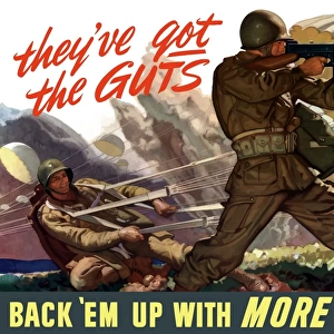 World War II poster of airborne troops parachuting into battle