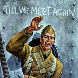 World War II poster of an American soldier waving from the porthole of a ship