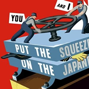 World War II poster of two men turning the wheel of a vice, squeezing a Japanese soldier