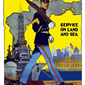 World War II poster of a U. S. Marine marching along a dock