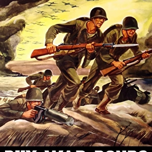 World War II propaganda poster of soldiers assaulting a beach with rifles