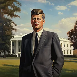AI IMAGE - Portrait of John F Kennedy standing in front of the White House, 1960s, (2023). Creator: Heritage Images