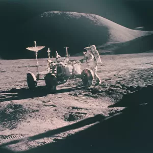 Apollo 15 astronaut James Irwin with the Lunar Rover, August 1971