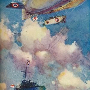 A coast patrol airship sending a despatch by motor launch, c1919 (1919) Artist: Frank Henry Mason