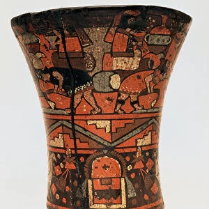 Kero or ceremonial vessel with agricultural scenes in painted wood, 1500-1700, part