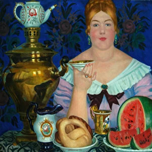 The Merchants Wife Drinking Tea, 1923. Artist: Kustodiev, Boris Michaylovich (1878-1927)