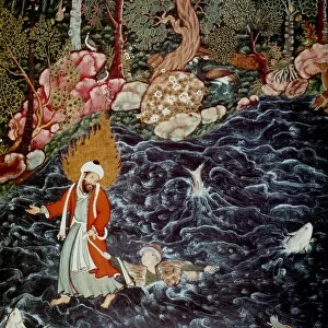 The prophet Elijah rescuing Prince Nur ad-Dahr (From the Hamzanama), 1562-1577. Artist: Mir Sayyid Ali (c. 1510-after 1572)