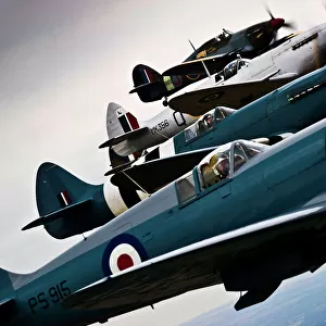 Spitfires and Hurricanes Flying in Formation Over Lincolnshire