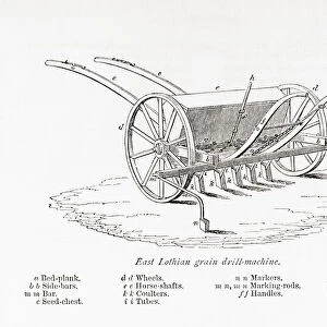 East Lothian grain drill machine. From The Book of the Farm by Scottish farmer and agriculturalist Henry Stephens, 1795 - 1874, first published in the 1840 s. This illustration from a revised 1870s edition