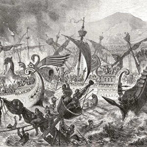 Naval combat in the colosseum in ancient Rome. The first naval battle or Naumachia, was held in the Colosseum in 80AD during its opening ceremony. The circus was flooded and flat bottomed ships, manned by convicts and designed especially for the shallow water staged the battle. From La Ilustracion Iberica, published 1884