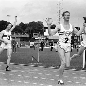 The finish of the 200 metre race at the 1971 International Athletics at Crystal Palace